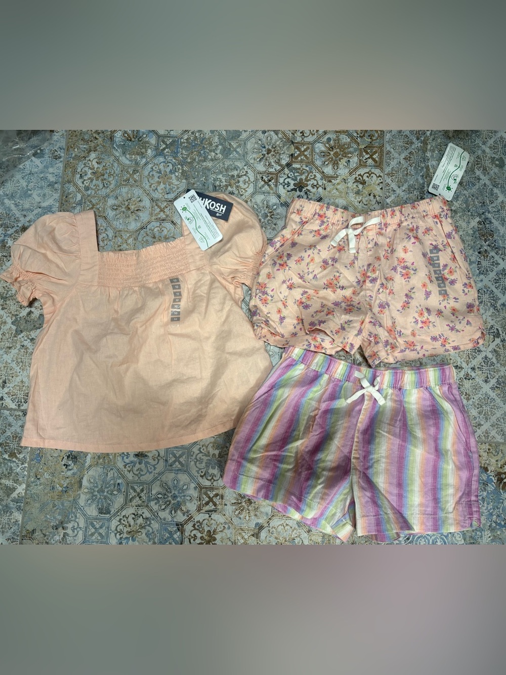 OshKosh B'gosh Peach Top with Peach Floral and Pastel Striped Shorts Set